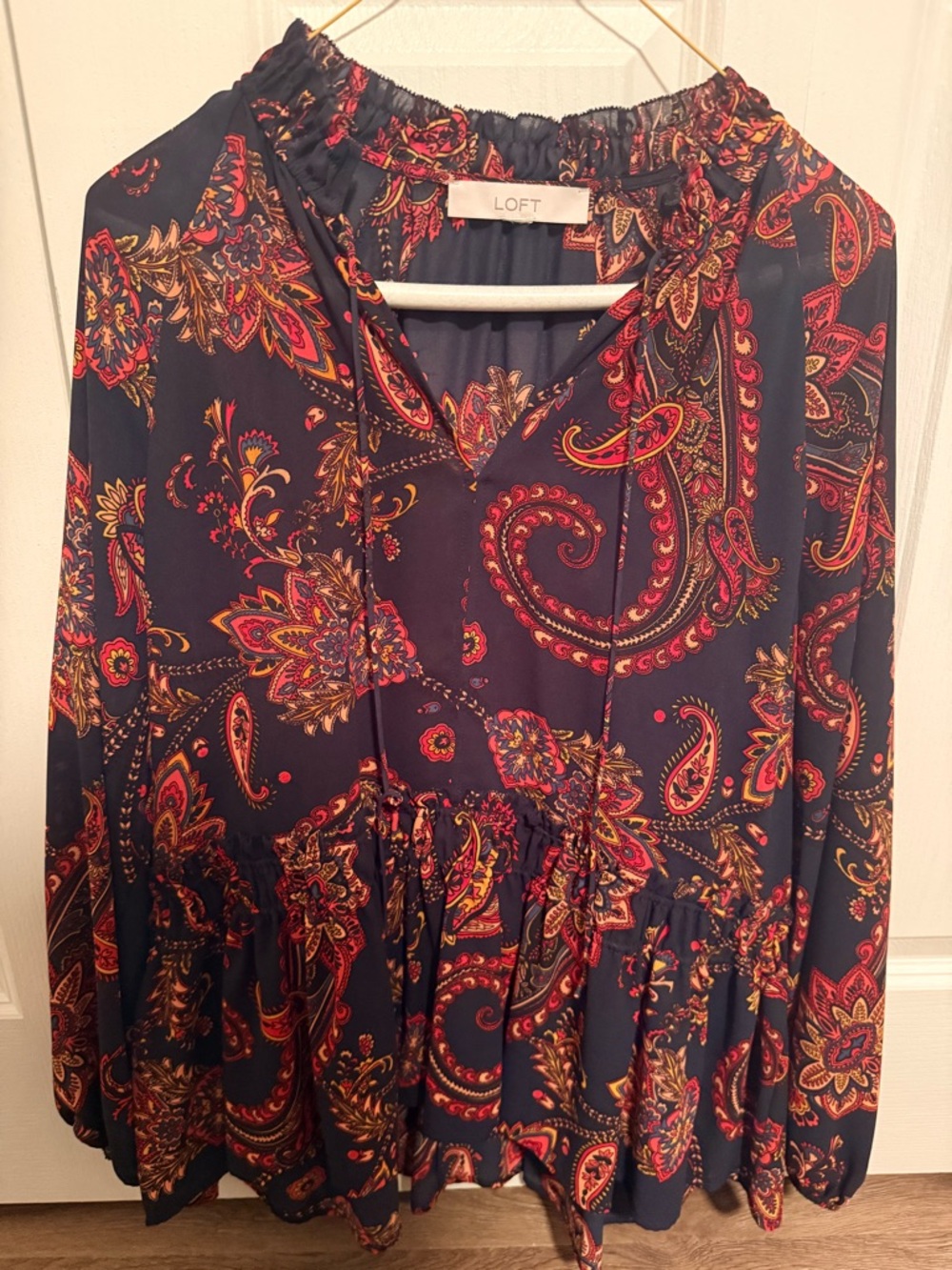 LOFT Navy Paisley Tie-Neck Blouse with Red and Gold Accents